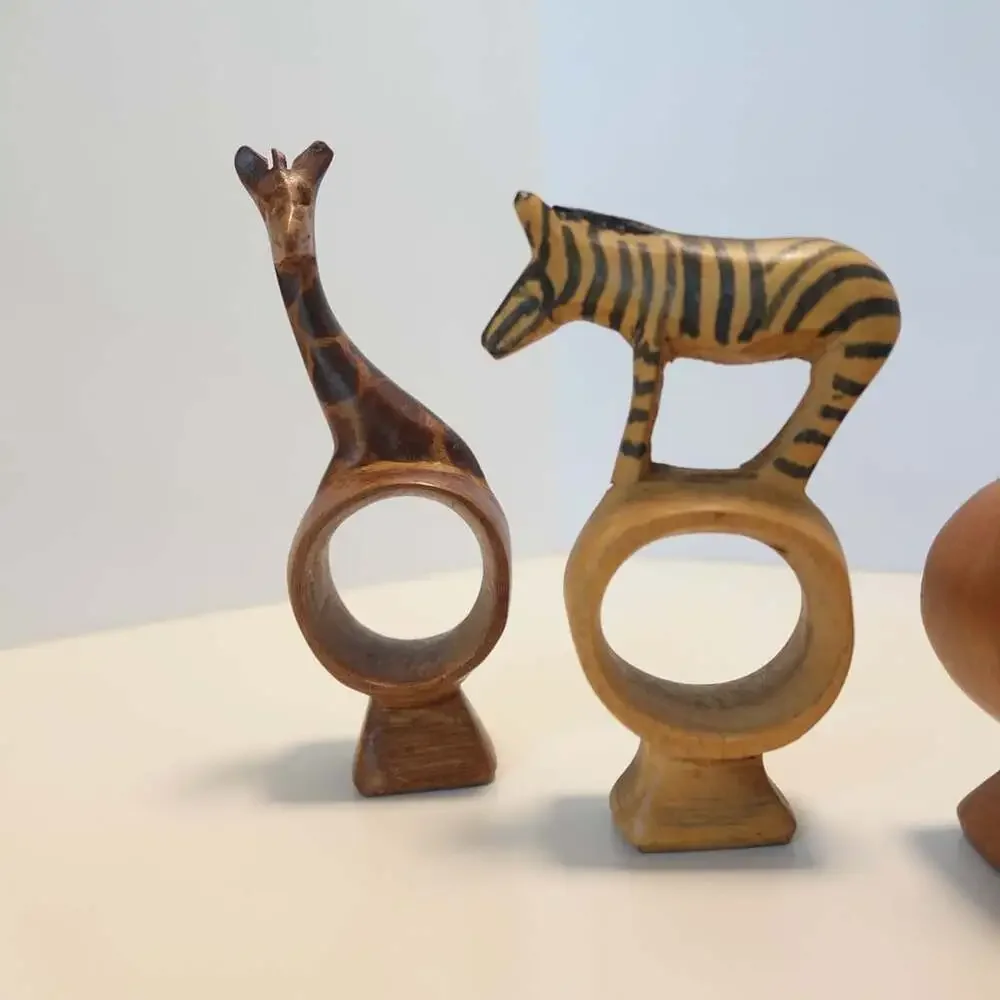 Vintage Hand Carved African Safari Animal Wooden Napkin Rings Set of 6